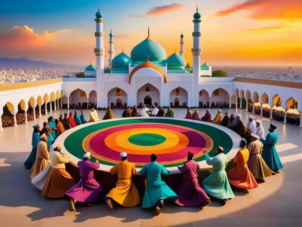 Grupo de derviches girando en una danza mística frente a una mezquita al atardecer, transmitiendo la sabiduría sufí en Asia