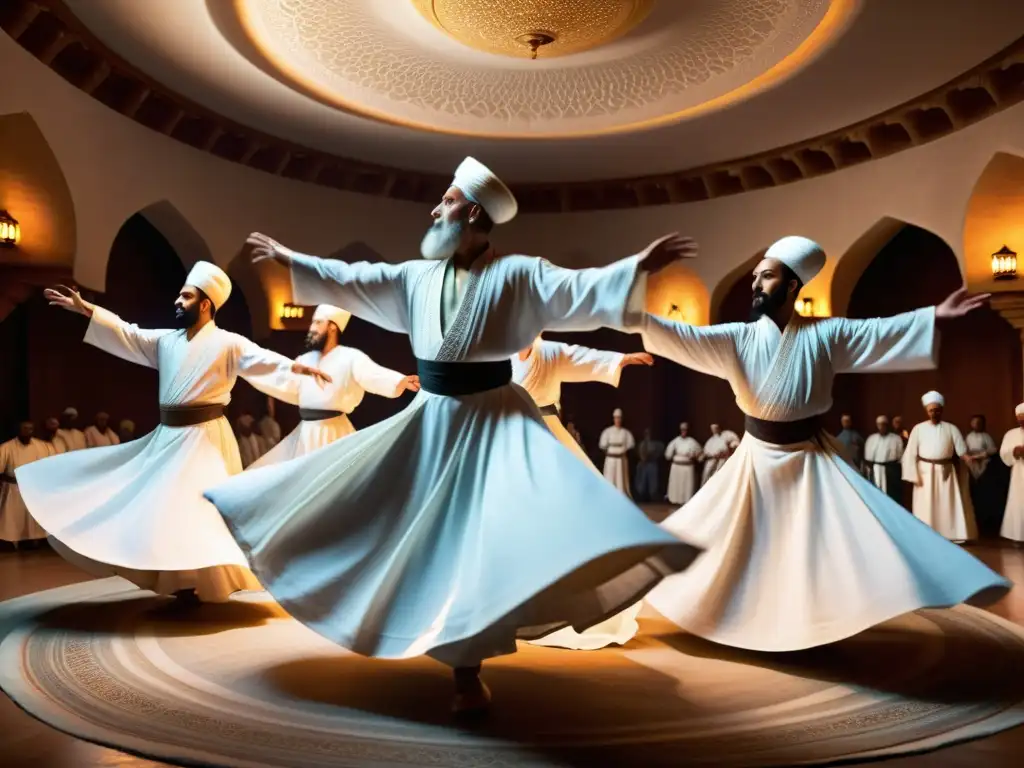 Grupo de derviches, en éxtasis mientras realizan la danza sufí giratoria, simbolismo cuentos sufíes derviches