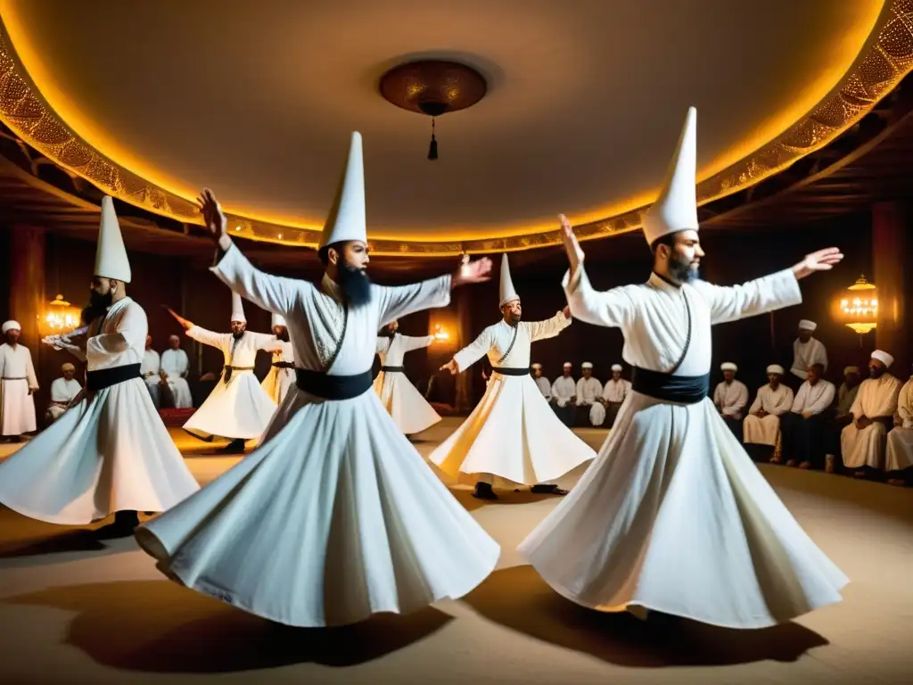 Un grupo de derviches bailando en un lodge Sufi, creando una atmósfera mística y espiritual