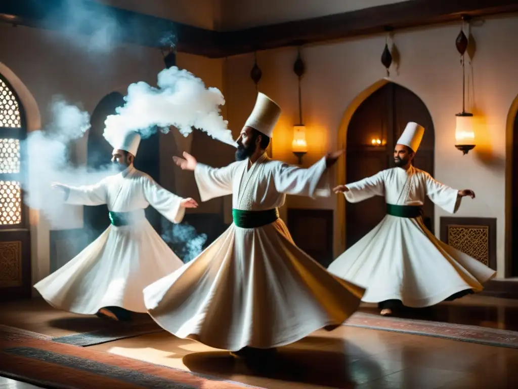 Grupo de derviches sufíes en Konya, girando en un cuarto iluminado por incienso, creando patrones hipnóticos con sus túnicas blancas