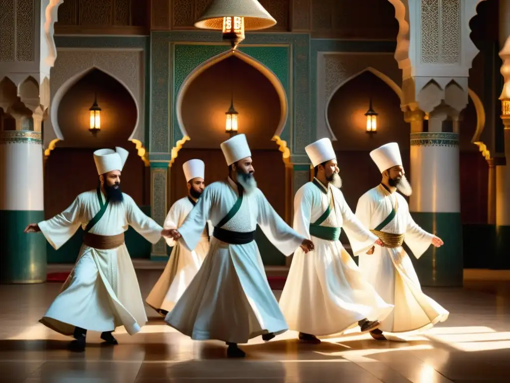 Un grupo de derviches sufíes girando en una danza hipnótica dentro de una mezquita ricamente ornamentada