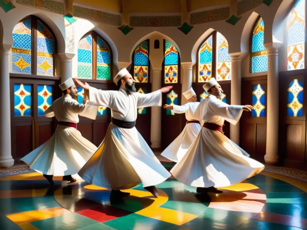 Grupo de derviches sufíes girando en una danza hipnótica, iluminados por luz de vidrieras, creando una escena mística