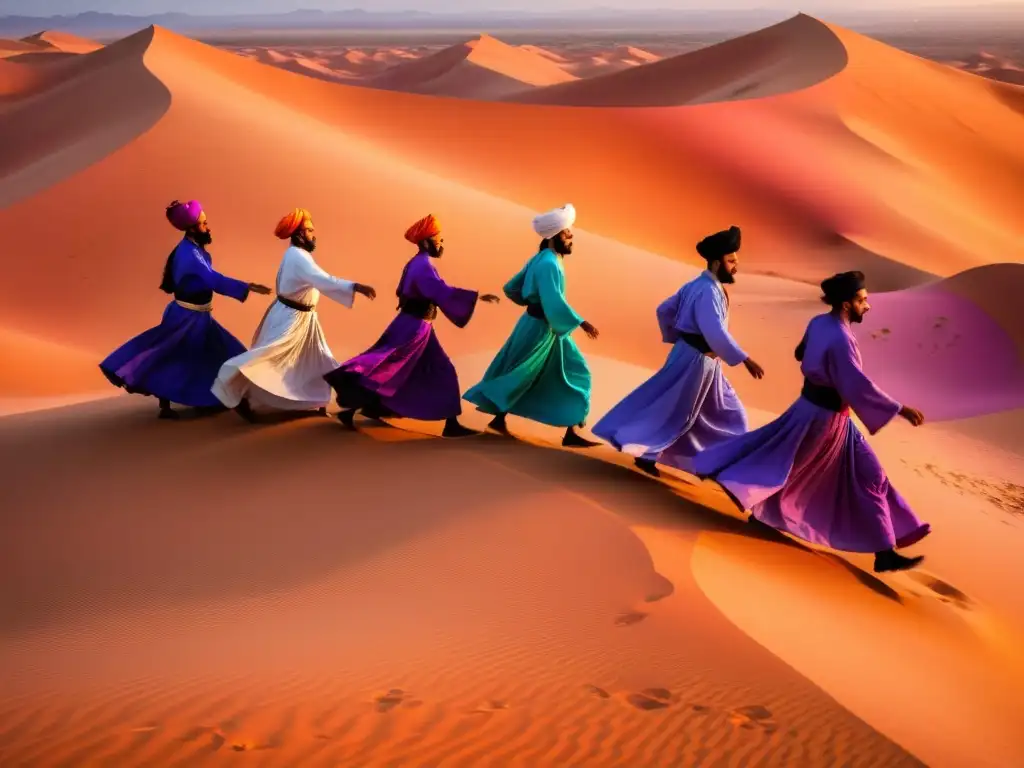 Un grupo de derviches sufíes danzando en el desierto del Sáhara al atardecer, irradiando misticismo y fervor espiritual