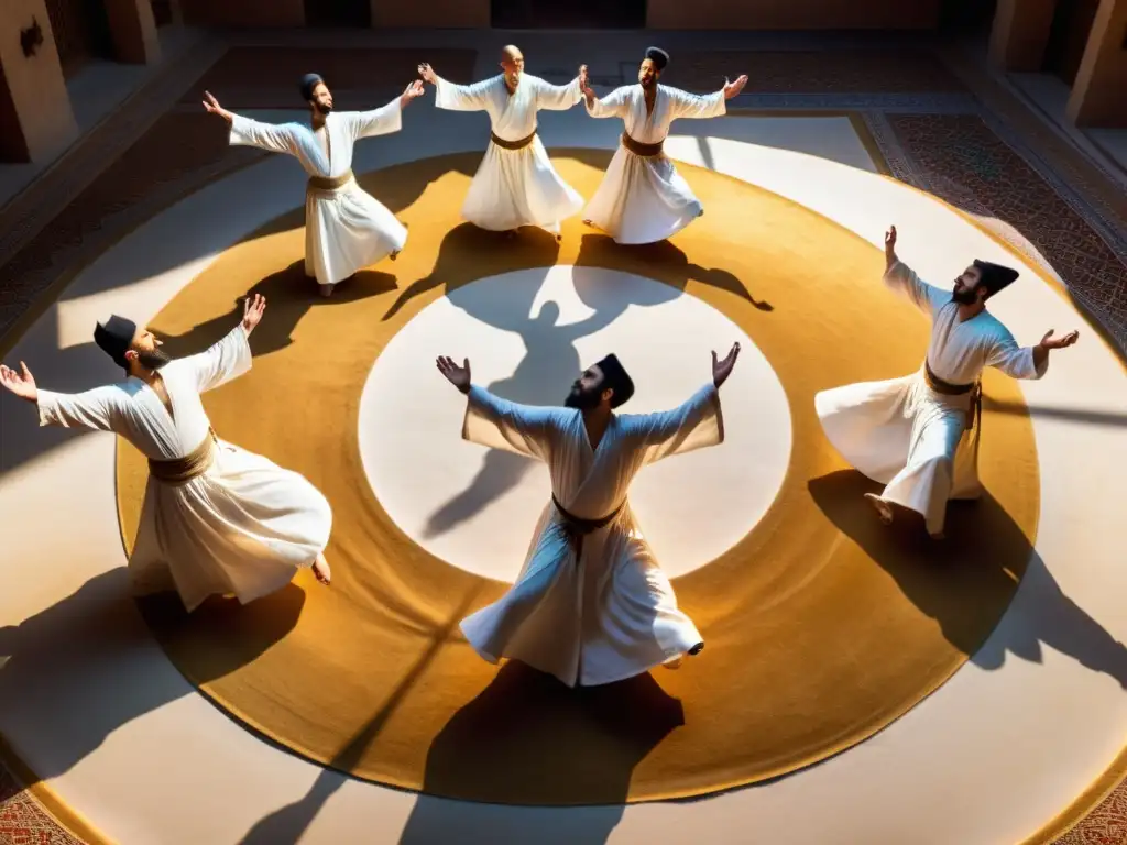 Grupo de derviches sufíes en éxtasis espiritual, girando con túnicas blancas en un suelo intrincadamente decorado, iluminados por una suave luz dorada