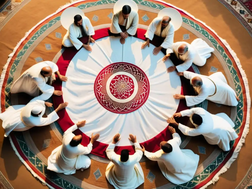 Grupo de derviches sufíes en trance, girando con los brazos extendidos hacia el cielo