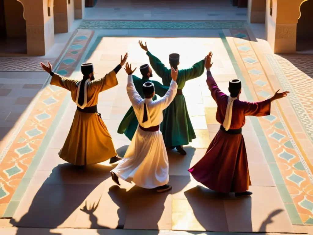 Grupo de derviches sufíes giran en trance devoto en un patio de mezquita en África, capturando el impacto social del sufismo en la región