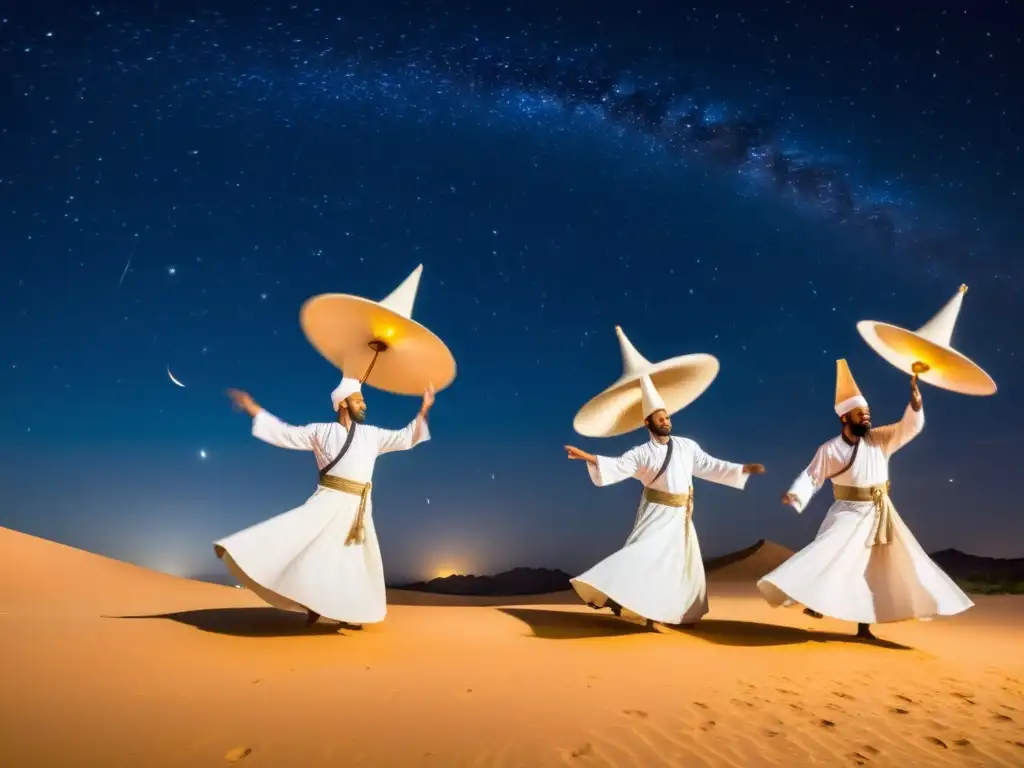 Grupo de derviches sufíes giran en un trance hipnótico bajo el cielo estrellado de África