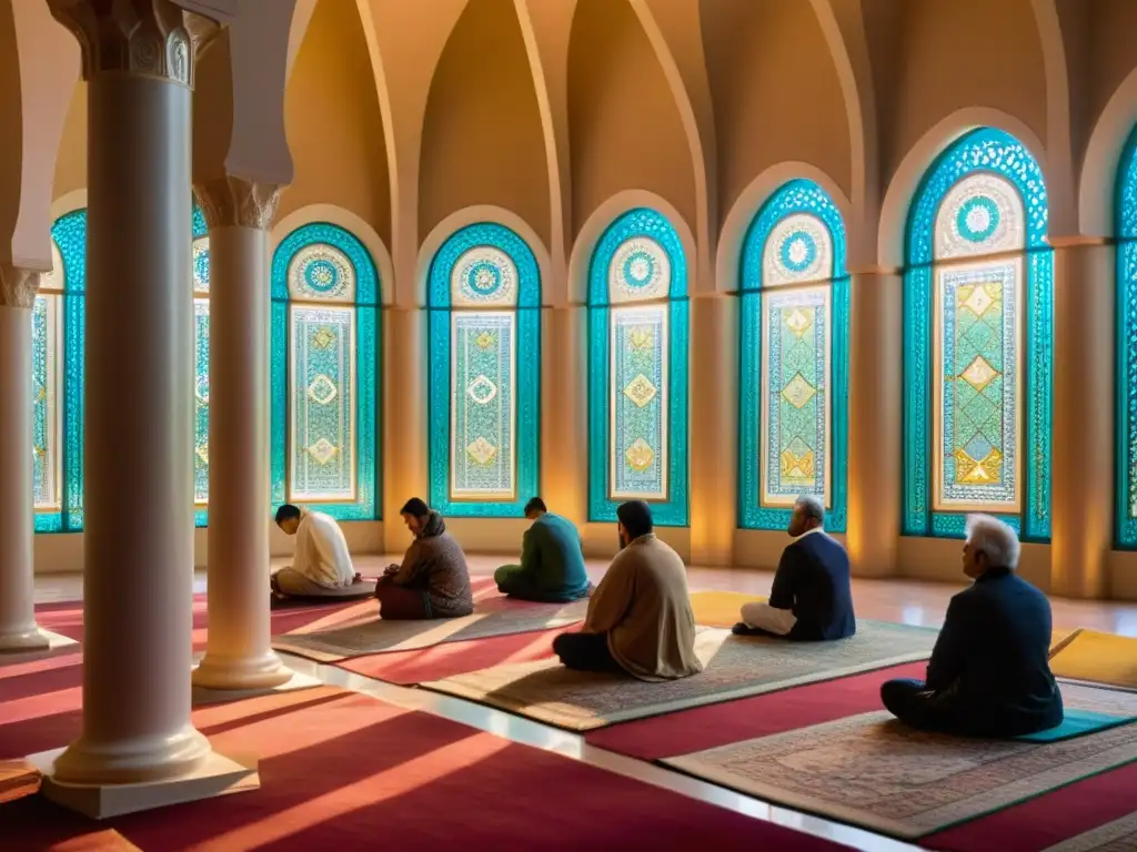 Grupo de devotos bahá'ís en majestuoso salón de oración, sumidos en reverencia bajo cálida luz de vitrales