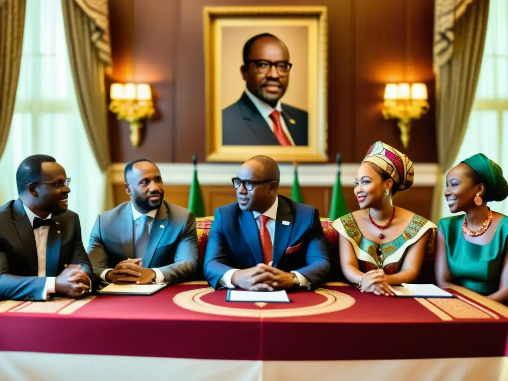 Grupo de diplomáticos africanos en una mesa decorada en un entorno africano tradicional, reflejando la diplomacia en el Islam africano