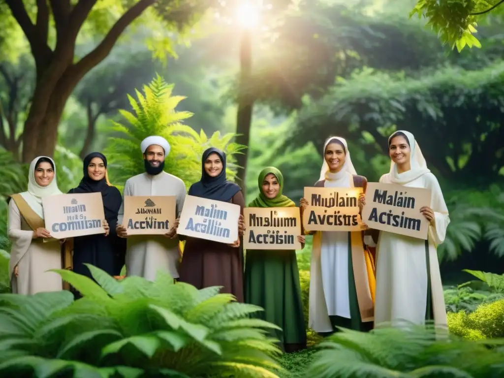 Activistas musulmanes en el bosque: unión con la naturaleza Un grupo diverso de activistas musulmanes se encuentra en un exuberante bosque, sosteniendo carteles eco-amigables con mensajes ambientales en árabe