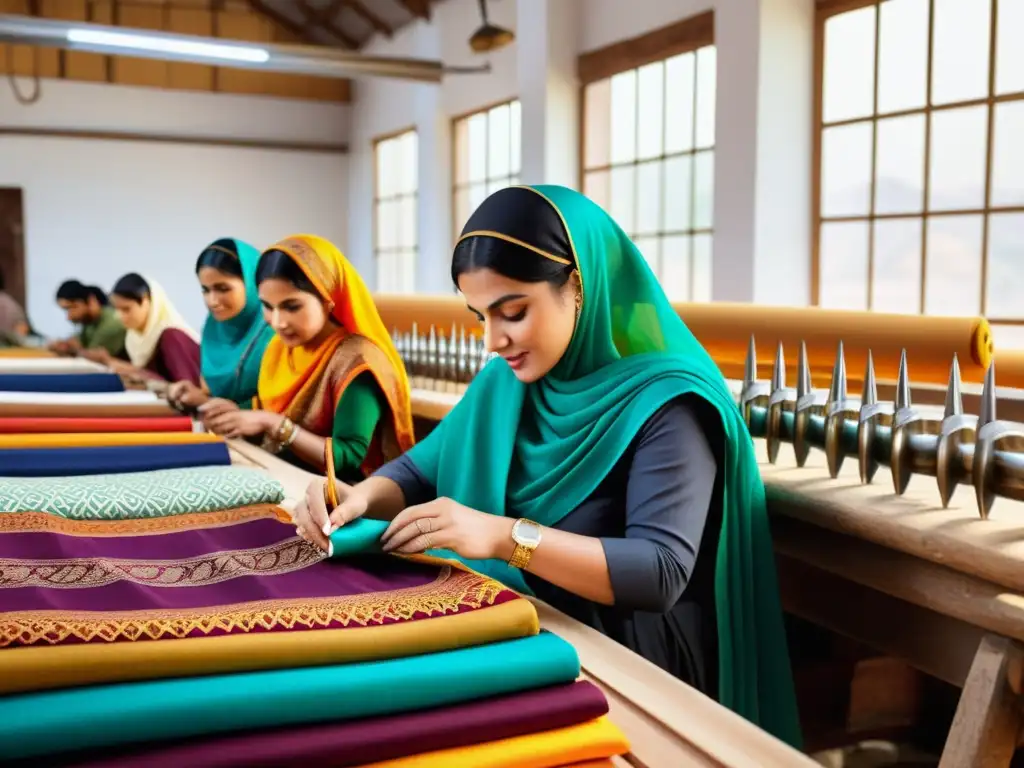 Un grupo diverso de artesanos habilidosos crea patrones en telas coloridas en un taller espacioso y bien iluminado, rodeados de lujosos textiles