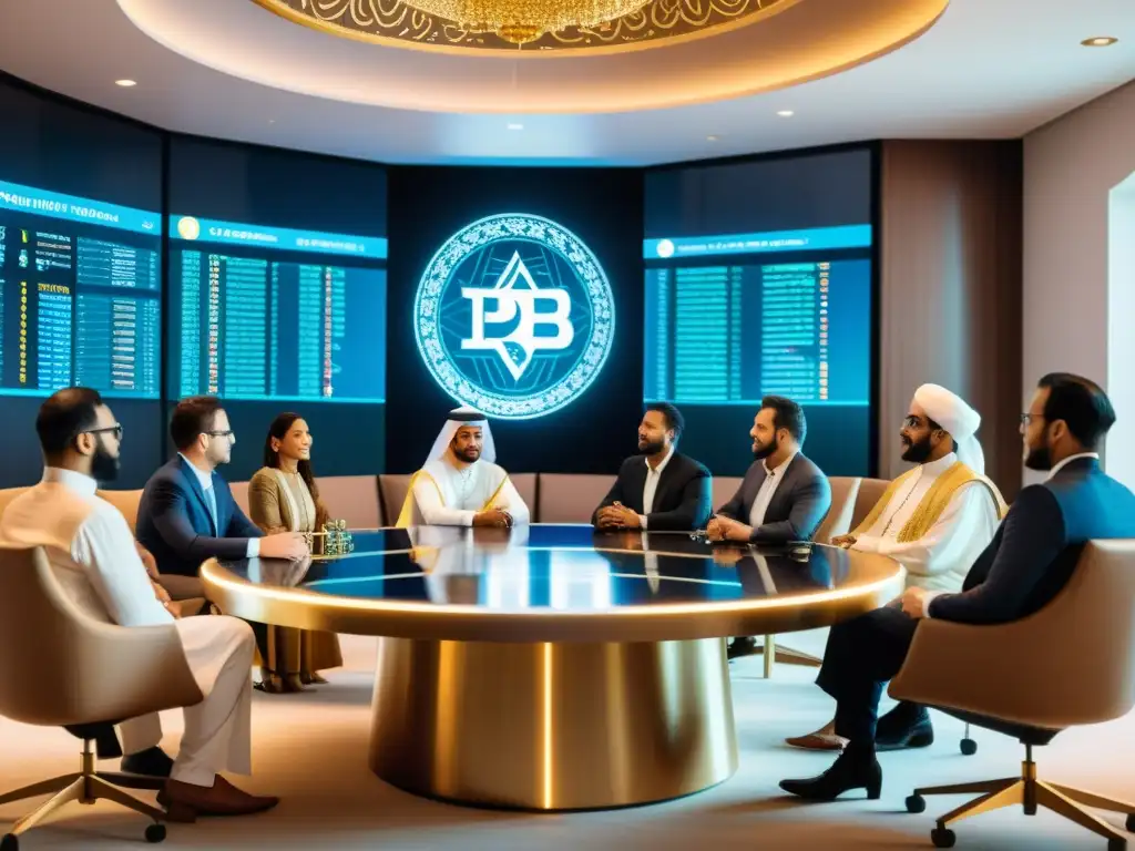 Grupo diverso en atuendo islámico discute inversiones criptomonedas halal en sala tradicional-futurista