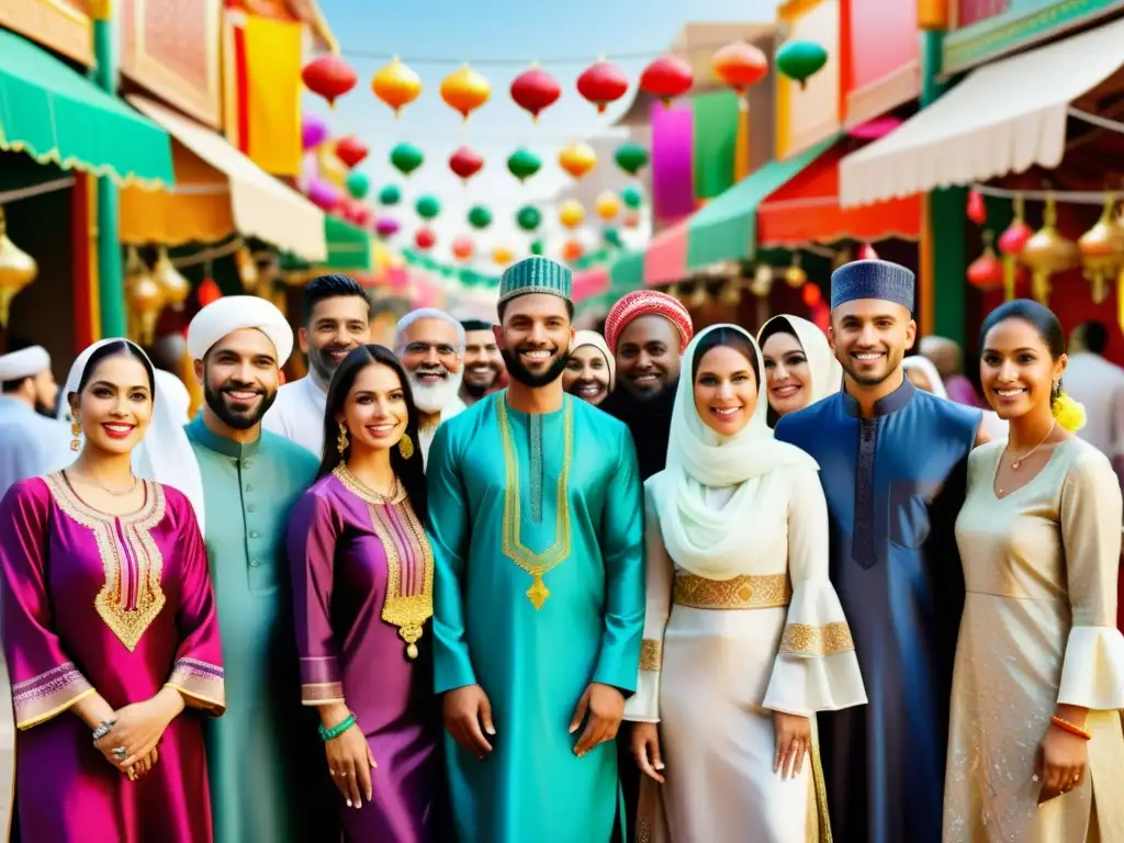 Grupo diverso celebra Eid alFitr con coloridos atuendos tradicionales y modernos en un vibrante mercado comunitario