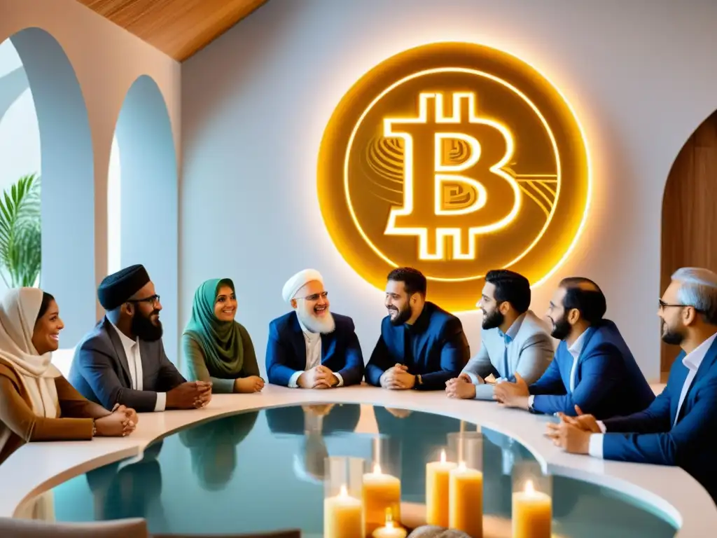 Conversación animada sobre criptomonedas Halal en comunidad islámica Grupo diverso de la comunidad islámica debatiendo entusiastamente sobre Criptomonedas Halal en un espacio moderno y luminoso