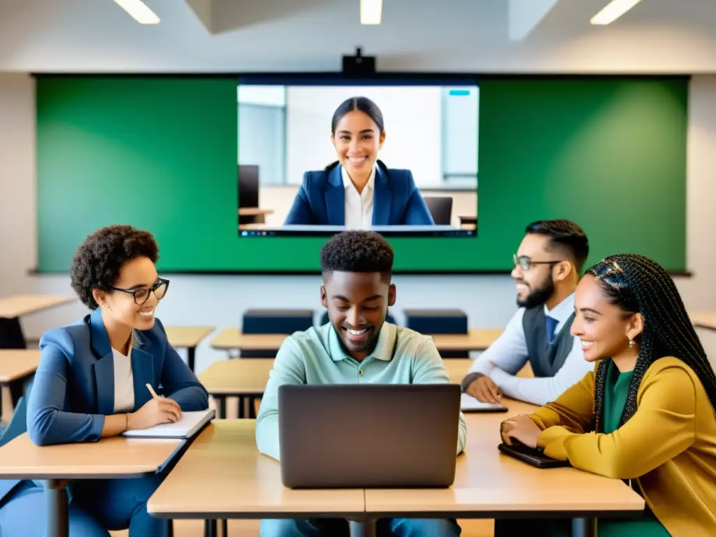 Grupo diverso de estudiantes participando en el aprendizaje islámico a distancia en una plataforma interactiva, en un espacio moderno y equipado