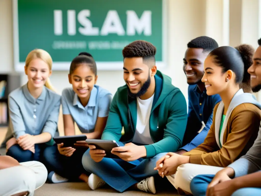 Grupo diverso de estudiantes en círculo, usando aplicaciones educativas para comprensión del Islam en aula moderna y bien iluminada