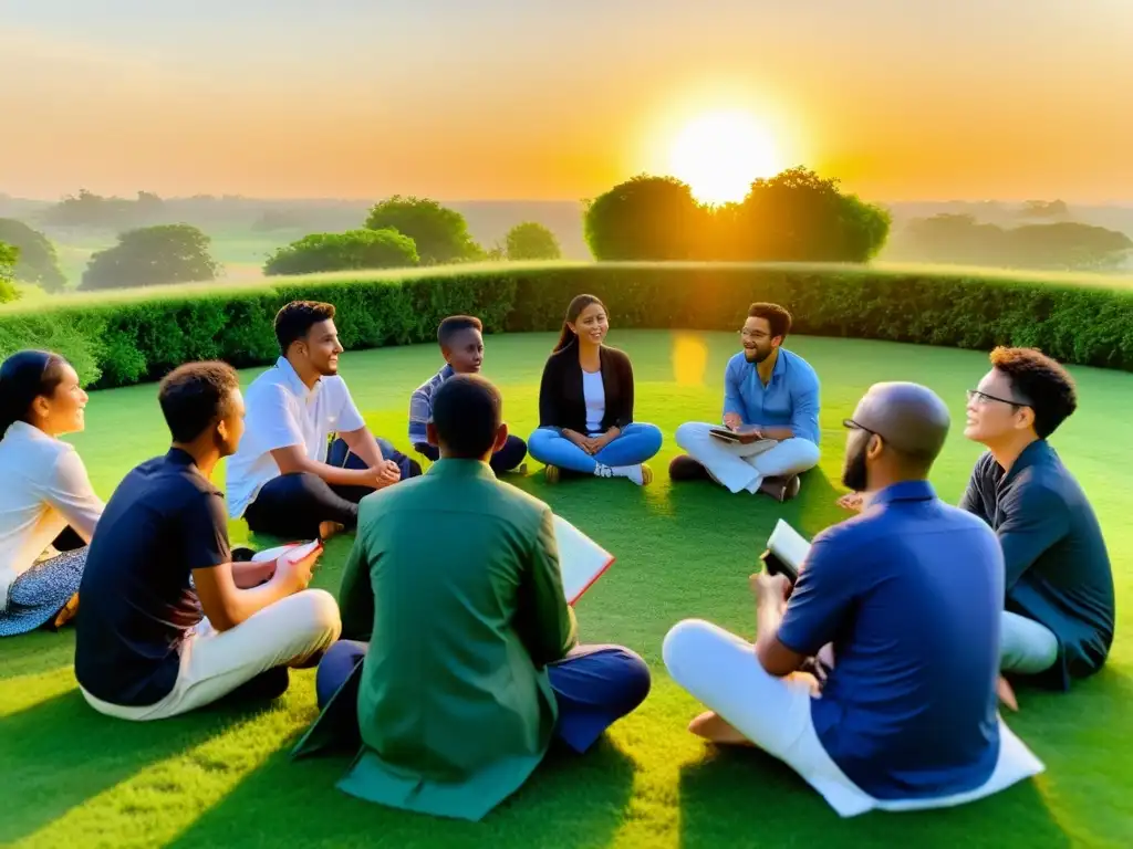 Un grupo diverso de estudiantes en un círculo en el césped, discutiendo sobre el Islam al atardecer