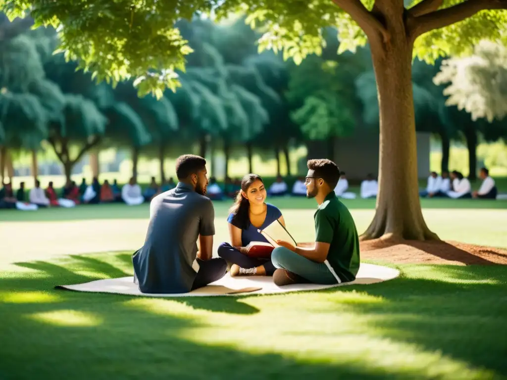 Un grupo diverso de estudiantes discute animadamente mientras sostienen copias abiertas del Corán en un campus verde