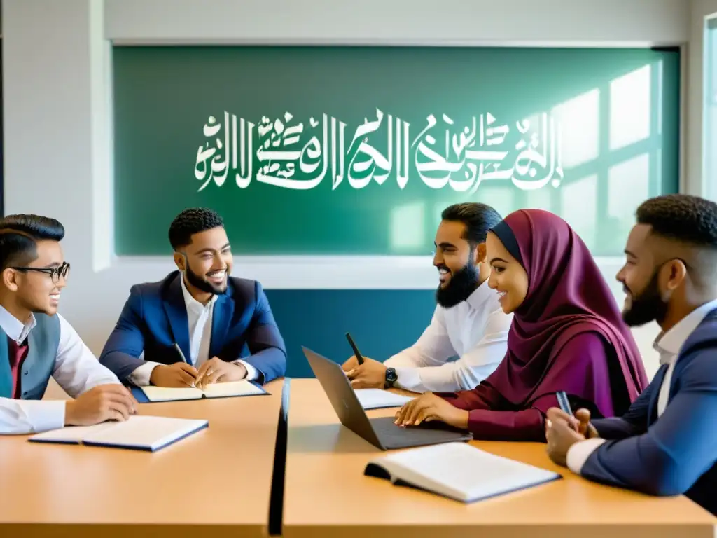 Grupo diverso de estudiantes participando en elearning de educación musulmana en un aula moderna, combinando lo tradicional con lo moderno