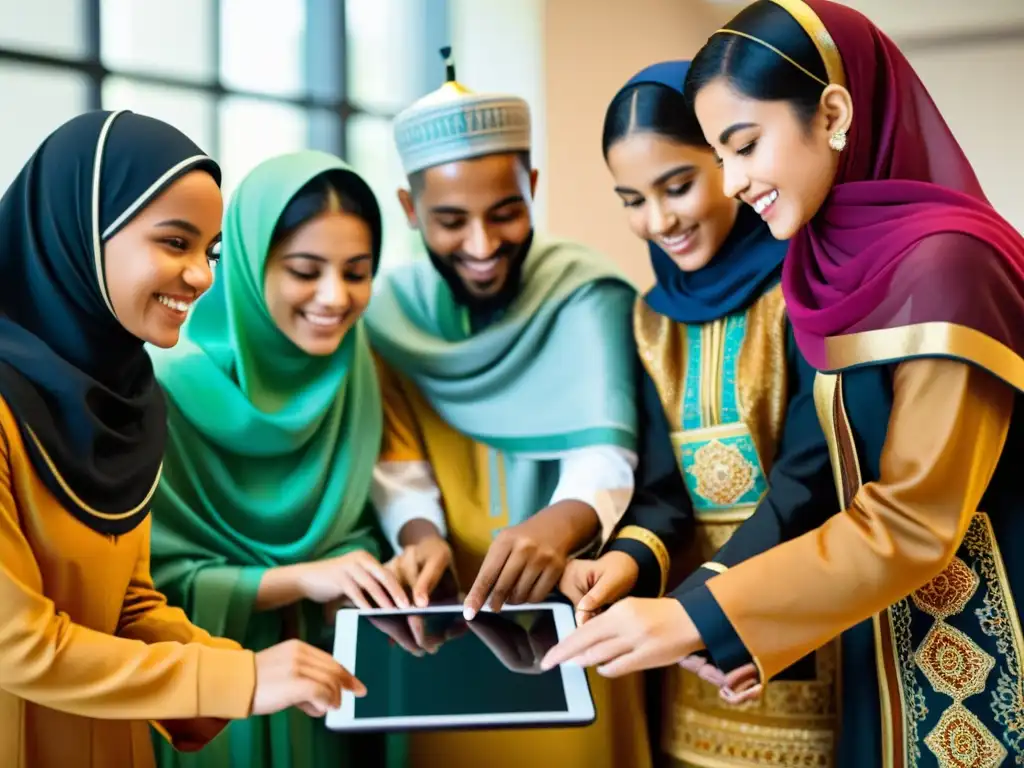 Grupo diverso de estudiantes disfrutando de una lección interactiva de elearning islámico en una tablet