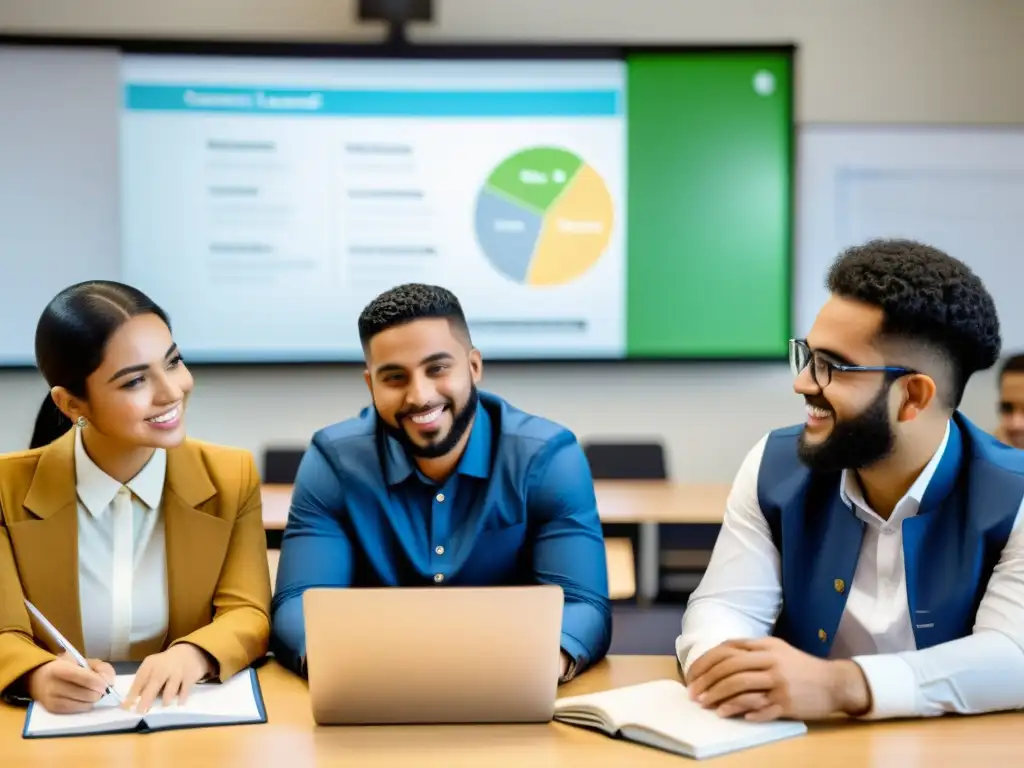 Grupo diverso de estudiantes musulmanes participando en elearning con tecnología moderna y herramientas interactivas