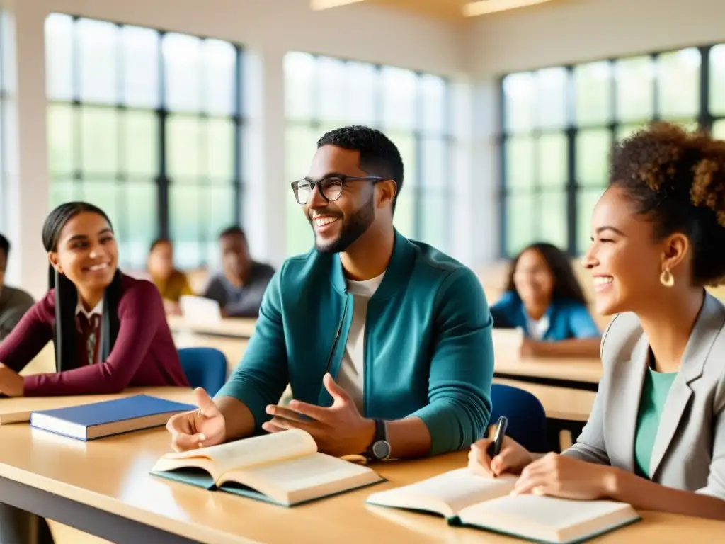 Grupo diverso de estudiantes y profesor discutiendo el Islam en aula luminosa