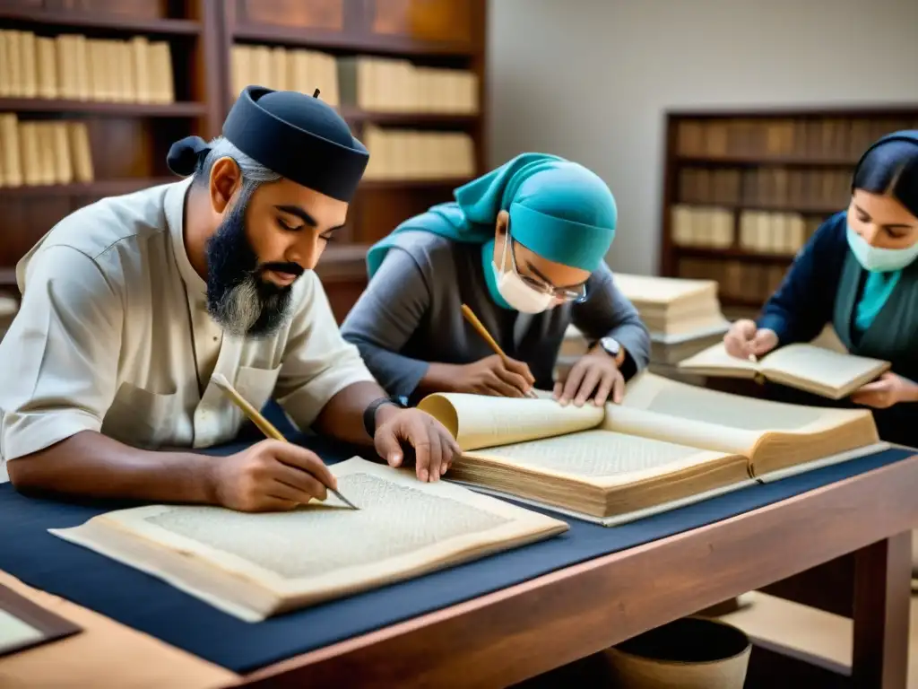 Un grupo diverso cuida con ética manuscritos islámicos en un taller luminoso y sereno