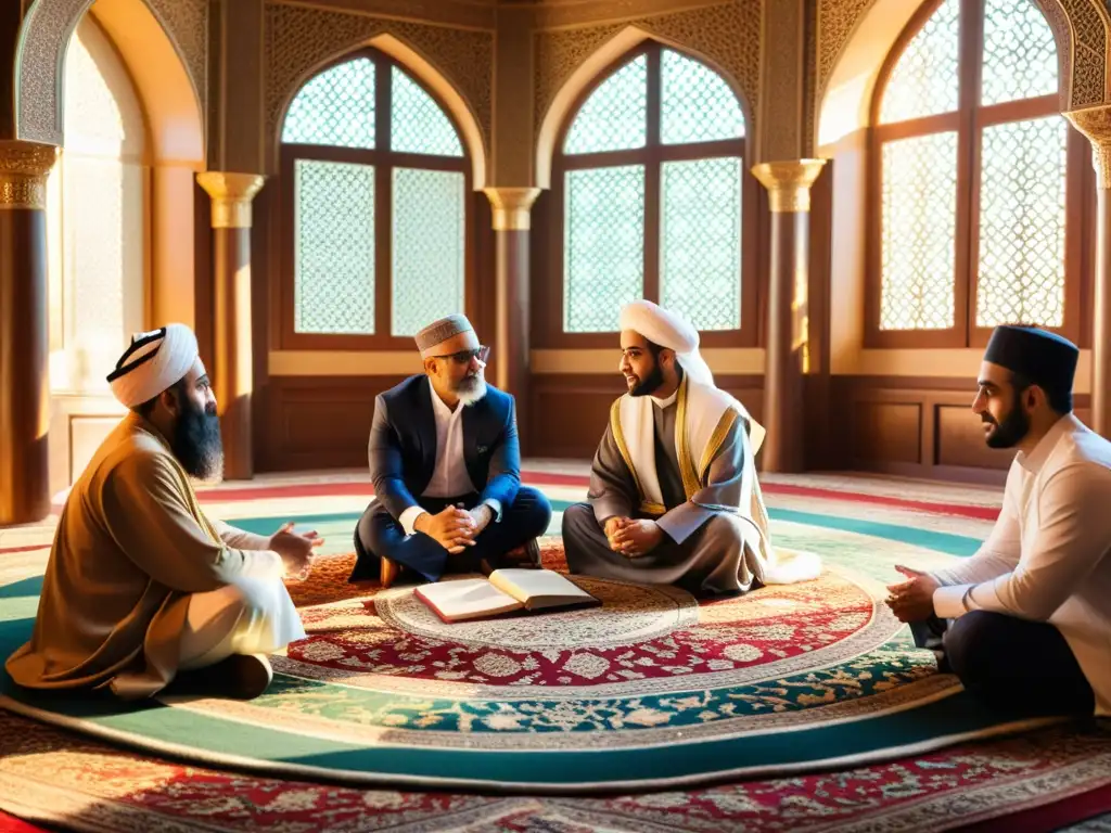 Un grupo diverso discute educación financiera en el Islam en una sala iluminada por el sol, rodeados de manuscritos antiguos y tecnología moderna