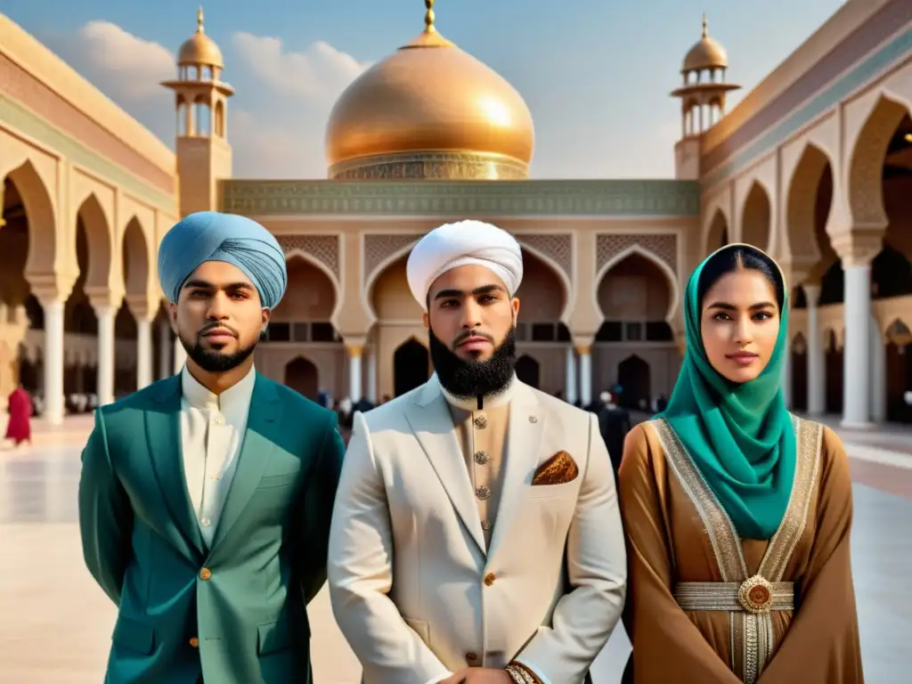 Un grupo diverso de hombres y mujeres musulmanes con accesorios halal, combinando elegancia tradicional con historia contemporánea