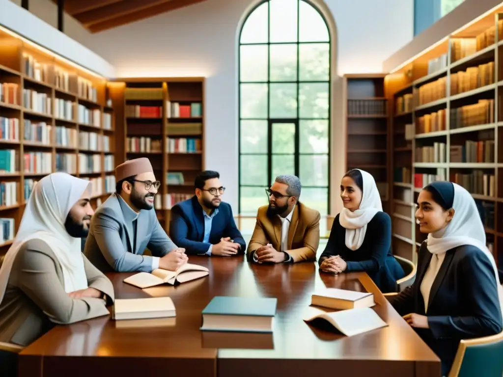 Un grupo diverso de intelectuales musulmanes inmersos en una profunda discusión en una elegante biblioteca, simbolizando el pensamiento contemporáneo