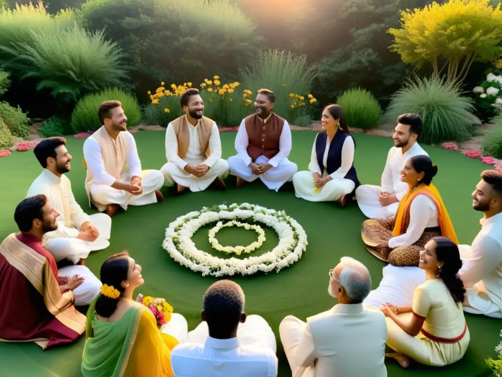 Un grupo diverso canta Nasheeds islámicos unen corazones en un jardín al atardecer, mostrando unidad y armonía cultural