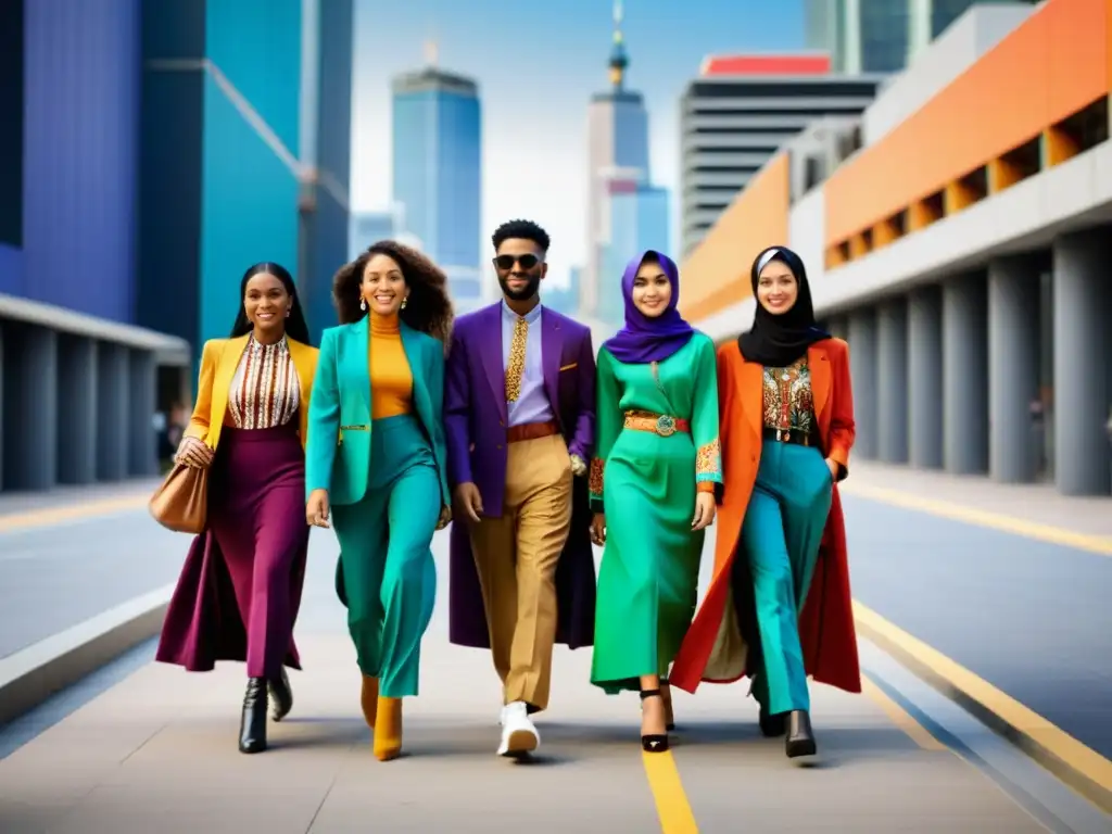 Un grupo diverso de jóvenes viste con estilo Moda Halal, caminando unidos en la ciudad, reflejando su impacto social y orgullo cultural