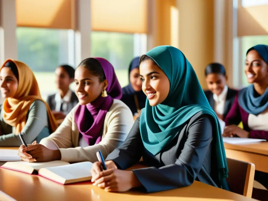 Grupo diverso de jóvenes musulmanas estudian con entusiasmo en un aula contemporánea, representando la educación femenina en el islam