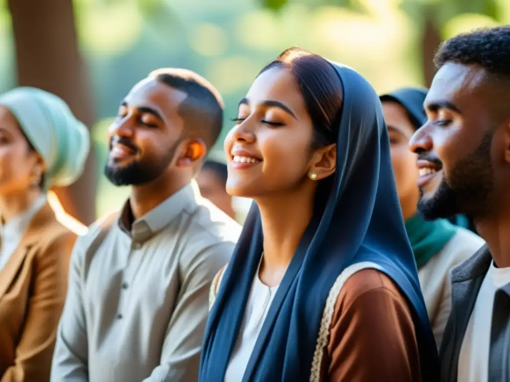 Un grupo diverso de jóvenes musulmanes cierra los ojos y entrelaza las manos en un círculo unido mientras escuchan un Nasheed