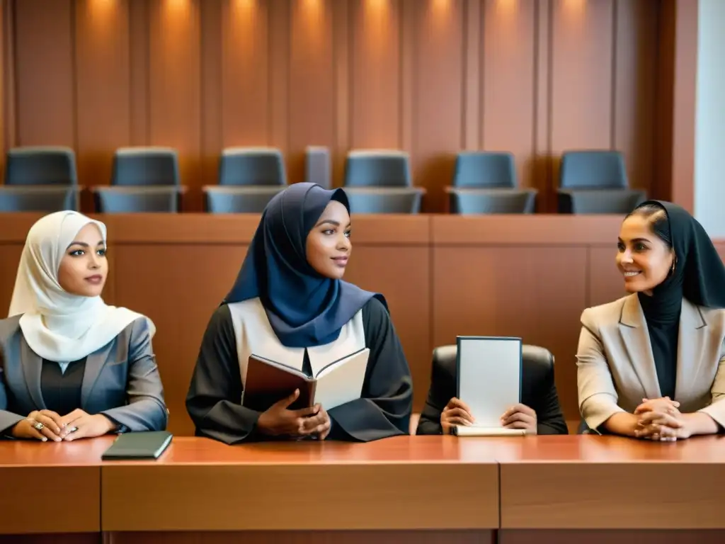 Grupo diverso de juristas islámicas debatiendo en una moderna sala de tribunal, reflejando avances y desafíos contemporáneos de la mujer en la jurisprudencia islámica