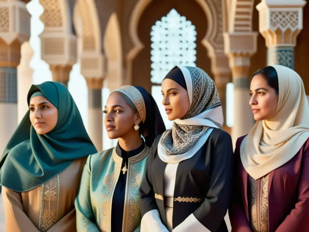 Un grupo diverso de líderes religiosas musulmanas con atuendos tradicionales, conversando en una majestuosa mezquita, irradiando empoderamiento y unidad en el liderazgo religioso mujeres estructura clerical