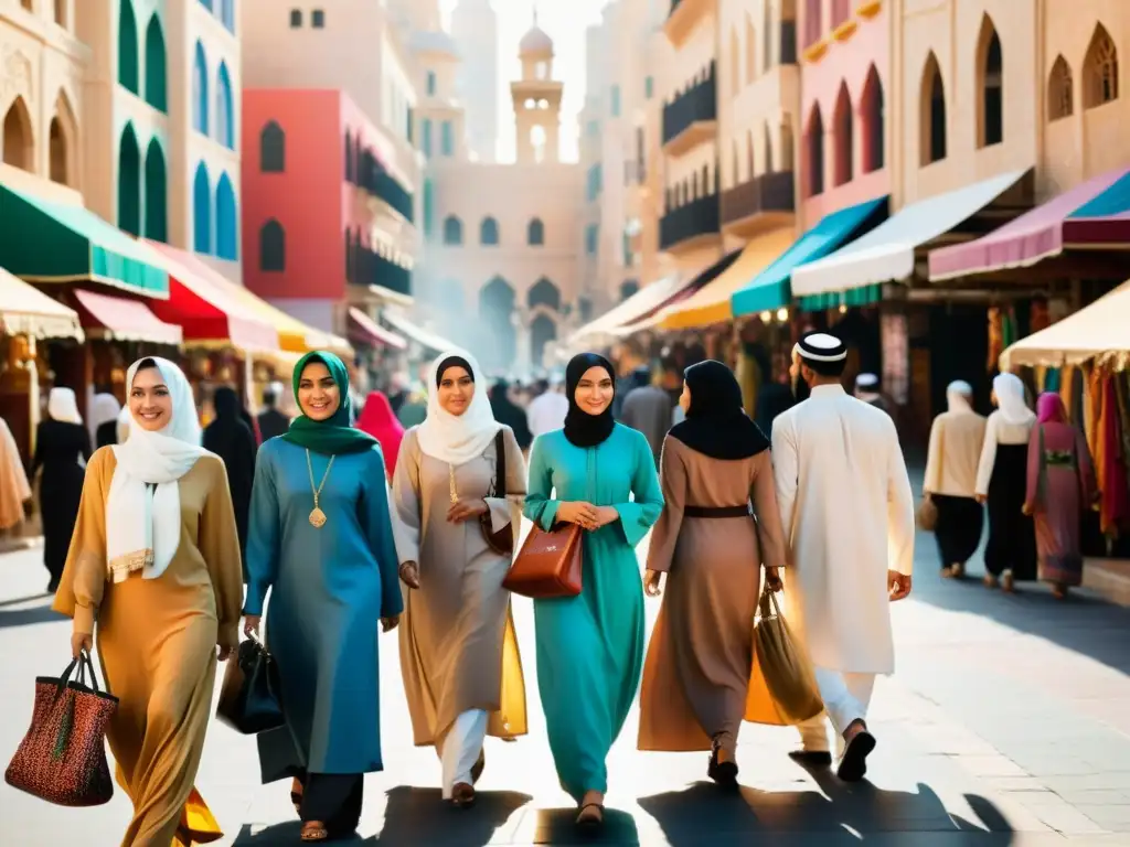 Grupo diverso con moda islámica pasea por bullicioso mercado en ciudad de Medio Oriente