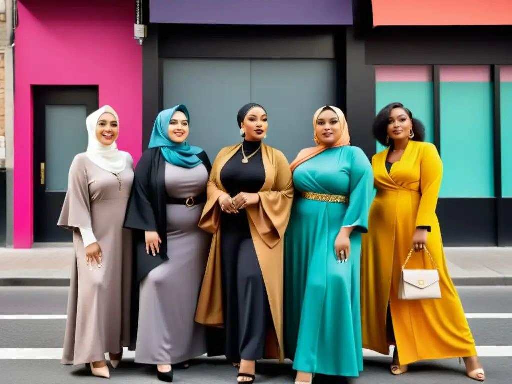 Grupo diverso de modelos plussize en moda islámica, empoderadas y seguras en la ciudad