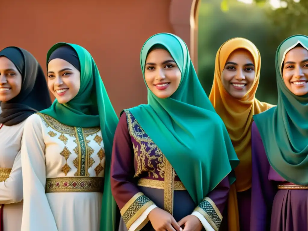 Un grupo diverso de mujeres en atuendos tradicionales islámicos participa en actividades educativas y comunitarias, mostrando unidad, empoderamiento y determinación