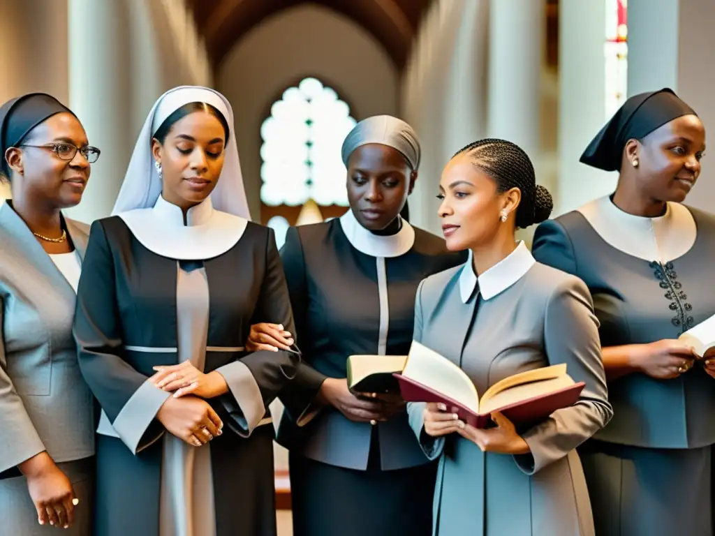 Un grupo diverso de mujeres en atuendos clericales lidera conversaciones y actividades en un entorno religioso, mostrando el papel evolutivo e influyente de las mujeres en el liderazgo religioso