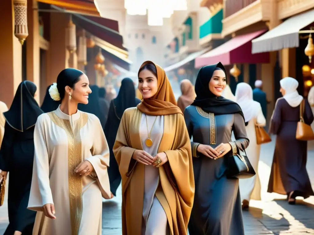 Un grupo diverso de mujeres pasea por un bullicioso mercado, luciendo hermosas abayas en diferentes estilos y colores