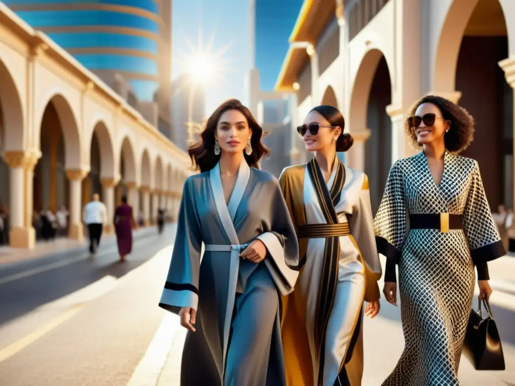 Un grupo diverso de mujeres elegantes luciendo abayas de autor moda islámica, caminando con confianza por las calles de la ciudad, destacando sus patrones, texturas y colores únicos