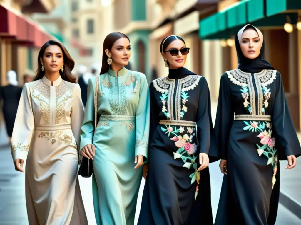 Un grupo diverso de mujeres elegantes caminan con confianza por la bulliciosa ciudad, luciendo abayas de autor moda islámica