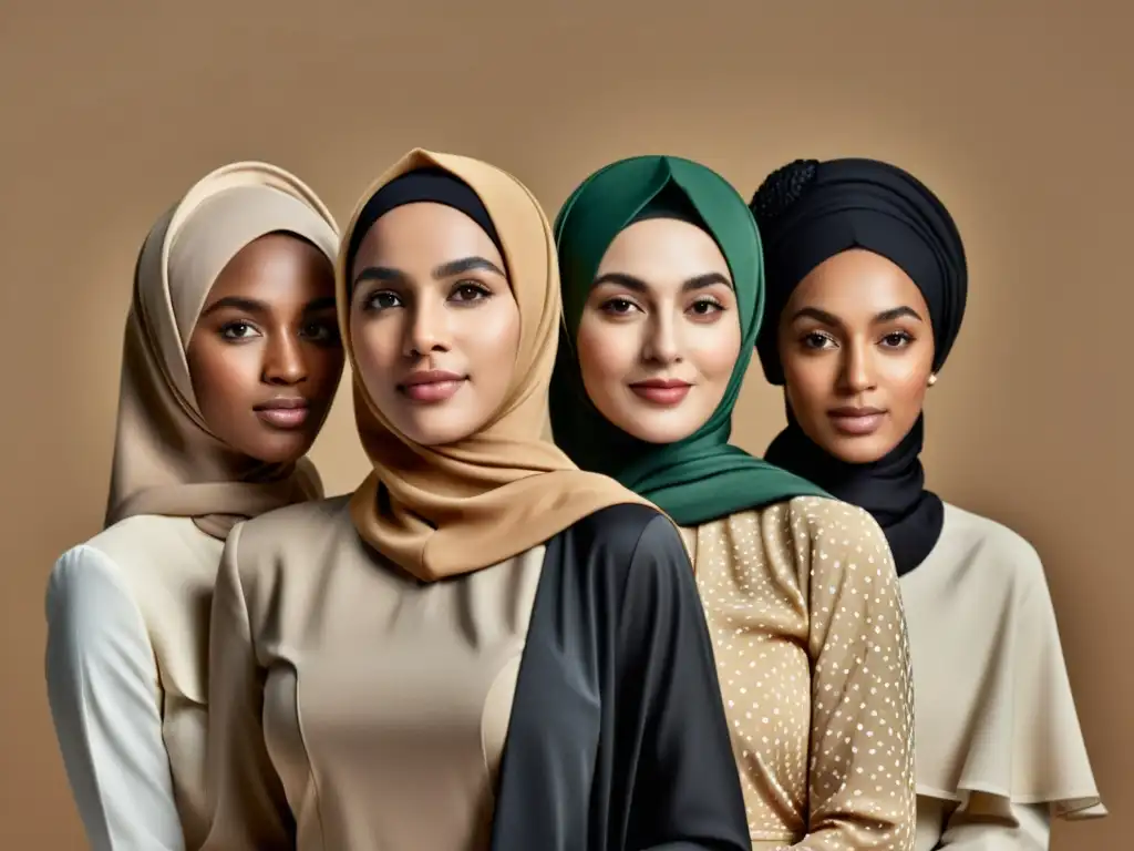 Un grupo diverso de mujeres elegantes luciendo diferentes estilos de hijabs, con patrones delicados y telas lujosas