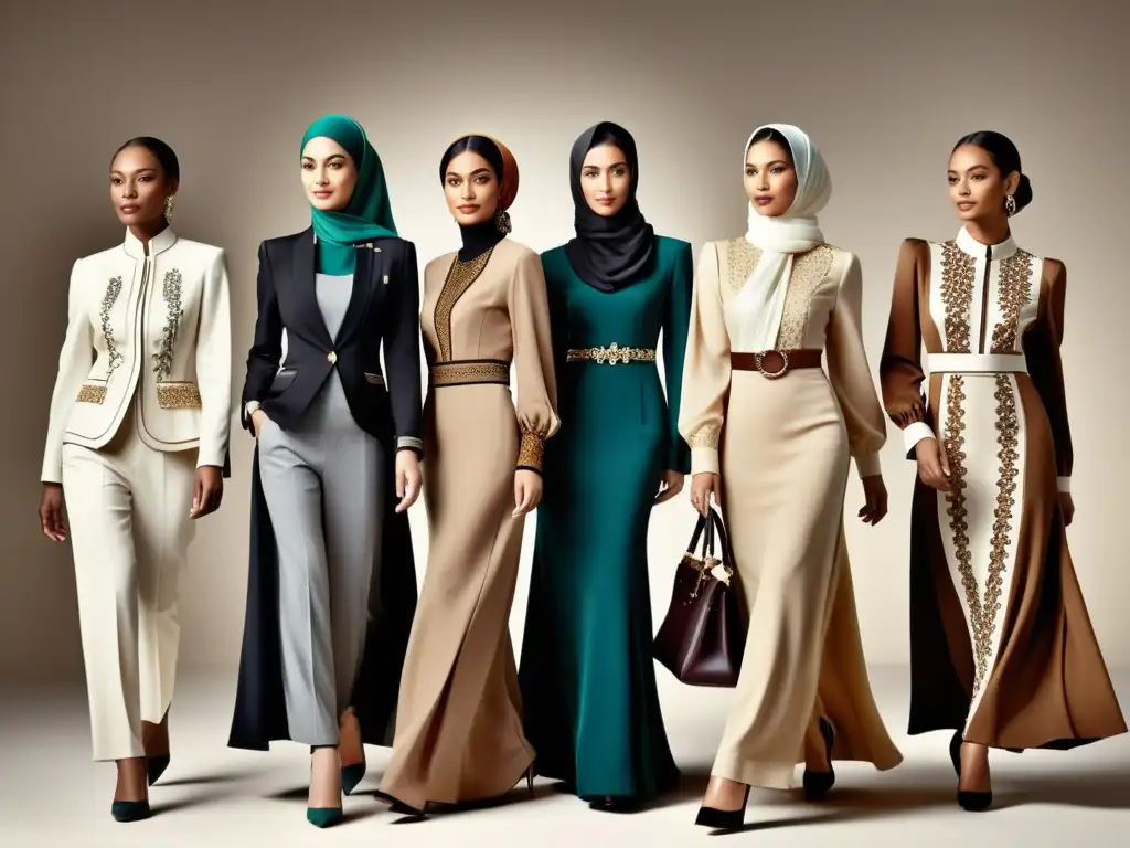 Un grupo diverso de mujeres elegantes y seguras, luciendo moda halal con detalles intrincados y empoderamiento