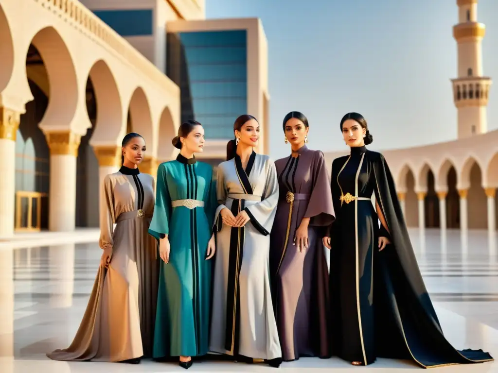 Un grupo diverso de mujeres elegantes con abayas de colores y estilos variados, destacando la moda islámica en un entorno moderno