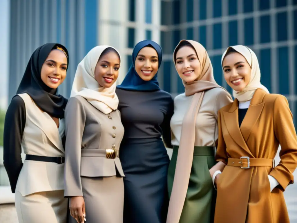 Un grupo diverso de mujeres elegantes viste moda islámica moderna, desbordando confianza y elegancia en la ciudad