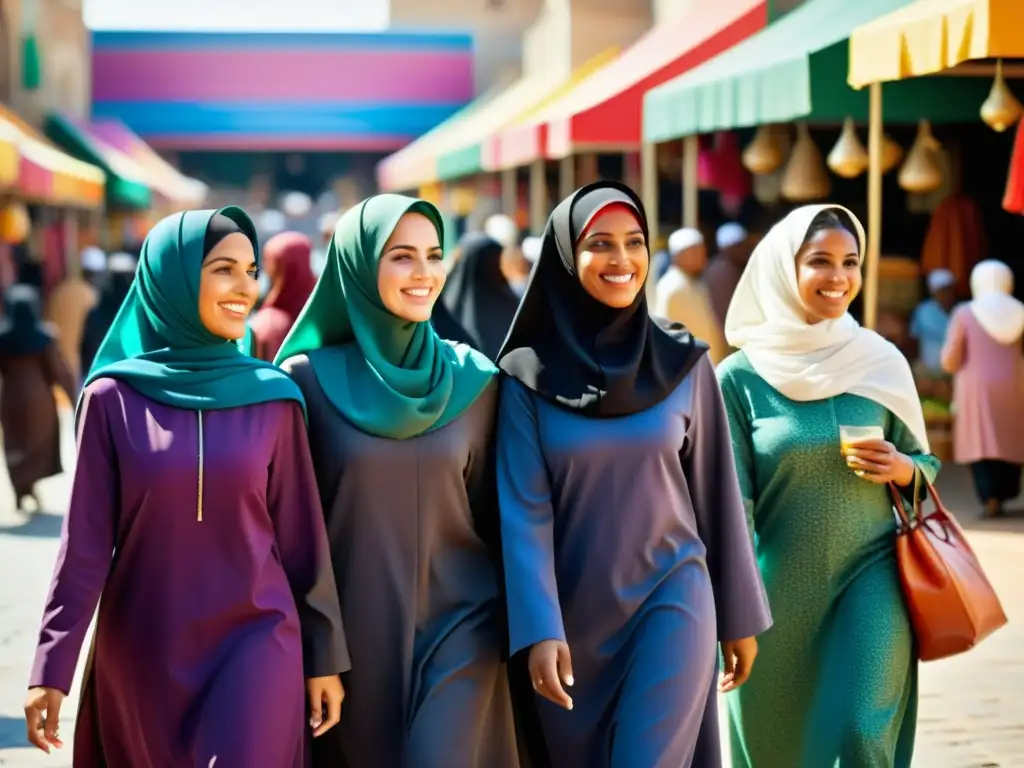 Un grupo diverso de mujeres luce elegantes jilbabs de calidad en un bullicioso mercado