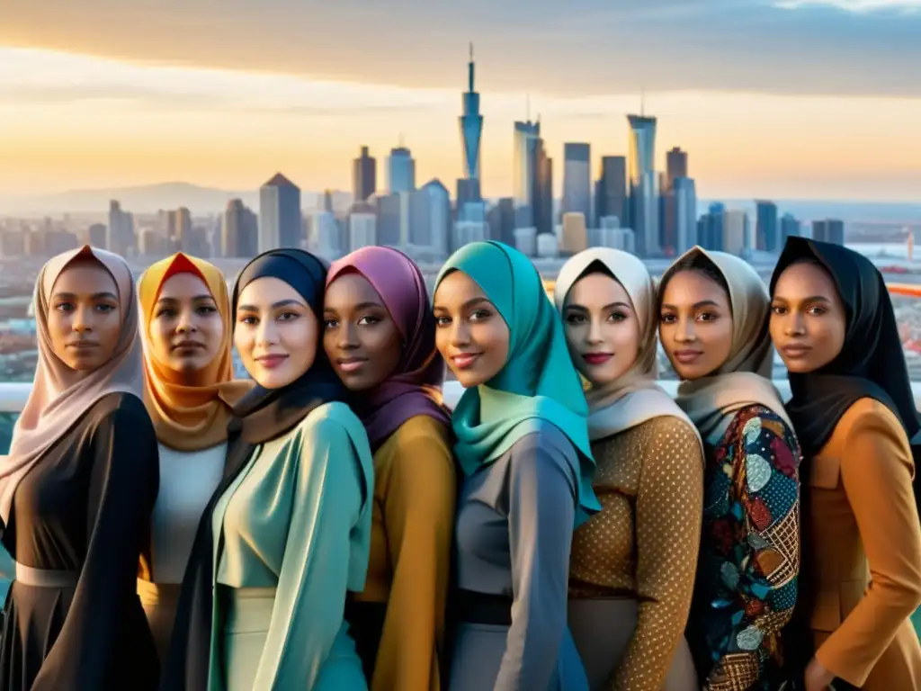 Un grupo diverso de mujeres con diferentes estilos de hijab frente a una ciudad moderna, irradiando confianza y fuerza