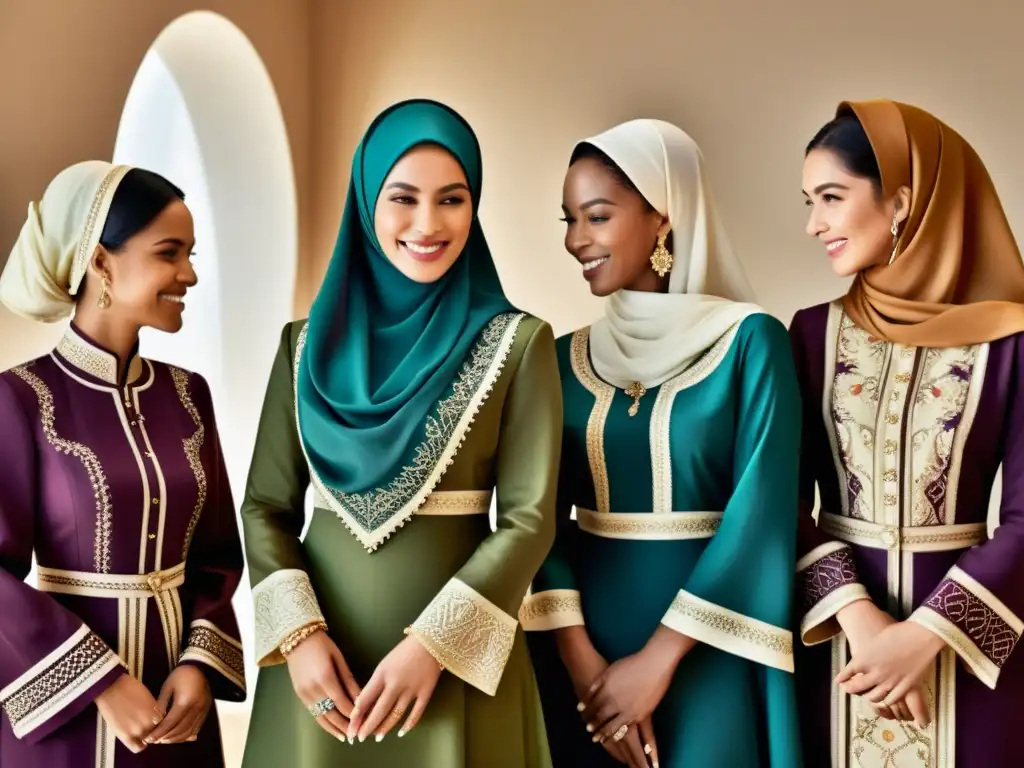 Un grupo diverso de mujeres conversa en una habitación decorada, luciendo elegante ropa Halal en diferentes estilos, colores y patrones